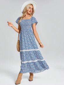 SHEIN LUNE Rochie de damă, primăvară/vară, cu mâneci scurte, cu decolteu pătrat, cu flori - Albastru si alb - Vizualizare 3