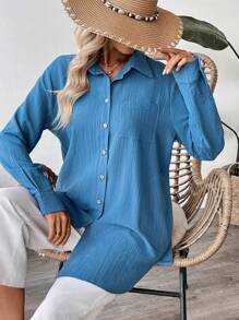 EMERY ROSE Women's Plain Color Long Sleeve Single Breasted Pocket Casual Shirt