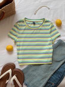 Comfortcana 女士加大码条纹针织圆领短袖 T 恤 - 薄荷綠 - 查看 6