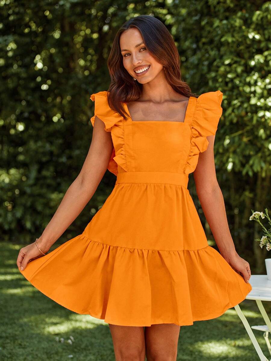 SHEIN VCAY 女士纯色荷叶边下摆休闲迷你连衣裙、度假连衣裙 - 橘色 - 查看 1