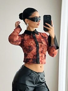 EgrlEra Camisa de mujer con cuello con botones y estampado de patrones