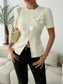 Chiquease Ruched 3D Floral Decor Bubble Pleated Short Sleeve Women T-Shirt