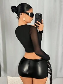 SHEIN ICON Fashionable Sexy Long Sleeve Mesh Panel Cut-Out Cold Shoulder Crop Top Spring Outfits For Women Summer Concert Outfit Women Easter Women St Patrick Day Outfit