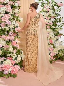 SHEIN X Izzy Darnell Glamrae Váy dự tiệc cưới cỡ lớn thanh lịch gợi cảm vàng cổ bất đối xứng sang trọng sequins nối organza eo cao xẻ cao ôm sát viền đuôi cá, thích hợp cho tiệc cưới lễ kỷ niệm váy dạ hội, váy trang trọng, váy dạ hội - Rượu sâm banh - Xem 3