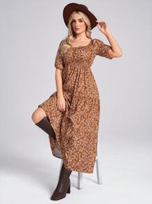 SHEIN LUNE 美国西部乡村风格休闲度假碎花棕色荷叶边下摆长袖连衣裙 - 棕色 - 查看 6