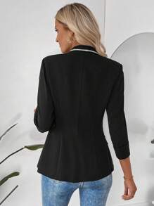 EMERY ROSE Women's Casual Commuter Color Block Lapel Thin Blazer - Black - View 2