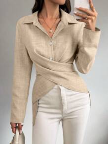 SHEIN LUNE Blus Kasual Wanita Warna Polos dengan Kerah, Kancing Depan, Atasan Lengan Panjang, Pakaian Musim Gugur untuk Wanita - Khaki - View 4