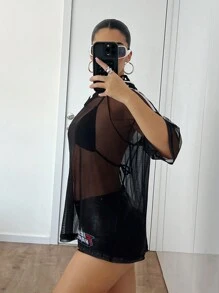 EgrlEra Women's ICONIC Hippie Style Stripe Side Sheer Letter V-Neck Graphic Tee For Spring & Summer Going Out Tops - Black - View 5