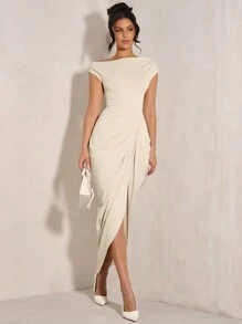 SHEIN BAE 女士优雅派对鸡尾酒会连衣裙，带有褶饰细节、不对称下摆和侧开衩、弹力针织连衣裙，适合鸡尾酒会、浪漫约会、秋冬分层穿着、活动、俱乐部、正式聚会、万圣节、圣诞节