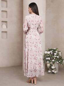 Veilorie Women's Elegant Tiny Ditsy Floral Lantern Sleeve Criss-Cross Tie Waist Arabic Style Dress - Multicolor - View 3