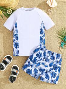 SHEIN Set de 2 piezas de traje de baño para niño preadolescente que incluye camiseta de manga corta con cuello redondo y estampado de hojas, y pantalón corto de cintura elástica, adecuado para otoño, primavera, verano, uso diario, actividades al aire libre, deportes, escuela, estilo callejero, fiestas y ocio en casa, playa, natación