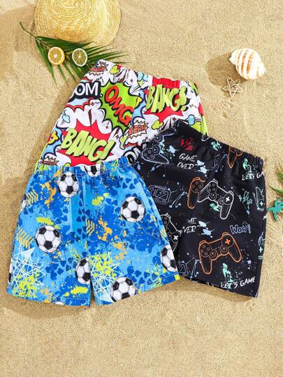 SHEIN 3-Pack Tween Boys Athletic Casual Shorts, Beach Swimsuit, Swimwear Vacation Set For Swimming, Beach, Surfing