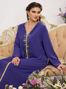 Al Najma 女士宽松长袖连帽拼接阿拉伯风格连衣裙 - 紫色 - 查看 6