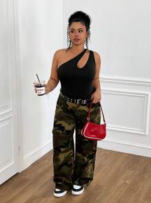 CovetEZ Plus Size Summer Asymmetric Hollow Out Black Stretchy Bodysuit - Black - View 3