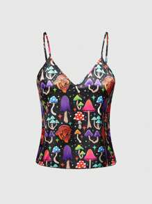 ThisUniqueVibe Magical Colorful Mushroom Print Camisole & Shorts Satin Pajama Set, Casual Loungewear