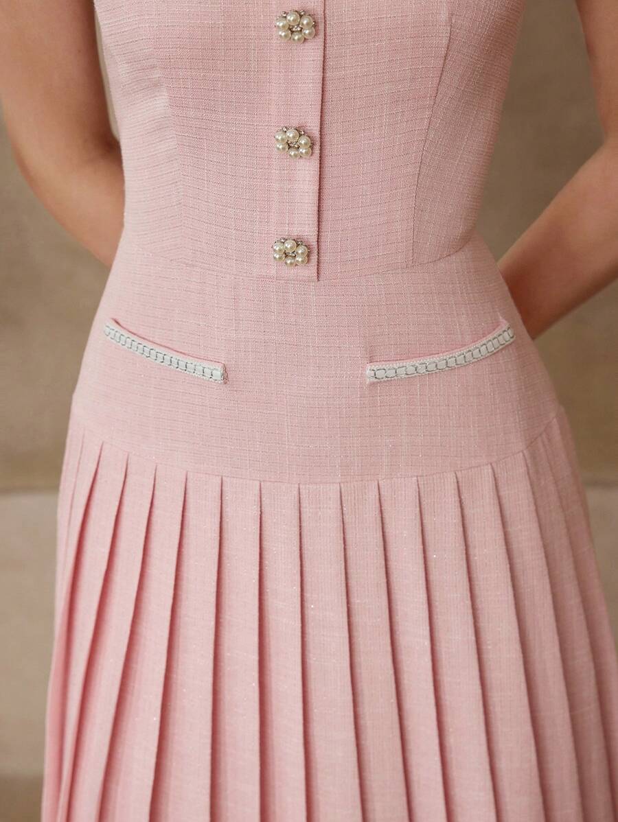 MOTF Petite WOMEN'S SPRING/SUMMER LIGHTWEIGHT PLEATED HEM MINI DRESS, PETITE LENGTH - Pink - View 2
