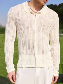 Manfinity Hypemode Herren einfarbiger Cardigan mit Hohlstruktur, langärmelig, Einzelreiher, Lässig, Herren gehäkeltes Hemd, Herren Strickhemd, Herren Knopfleistenstil - Weiss - Übersicht 5