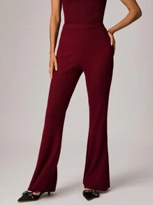 Forever 21 女式纯色休闲百搭喇叭针织裤 - 酒紅色 - 查看 3