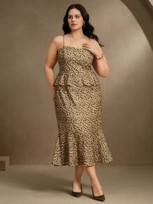 Anewsta 女式大码荷叶边吊带背心豹纹卡其色吊带背心连衣裙夏季女装 - 卡其色 - 查看 4