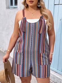 SHEIN VCAY Combi-short ample coloré à rayures, col rond, cordon de serrage et poches pour vacances décontractées, tenues d'été pour femmes, plage, vêtements d'été, tailles plus - Multicolore - Voir 4