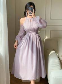 DAZY 女款純色露肩抓褶中長洋裝 優雅陽光裙 秋季長袖禮服 婚禮賓客洋裝 - 紫色 - 查看 9