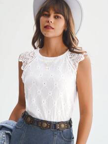SHEIN LUNE Summer Lace Splice Back Knot Casual Shirt - White - View 4
