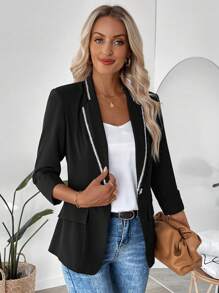 EMERY ROSE Women's Casual Commuter Color Block Lapel Thin Blazer - Black - View 3