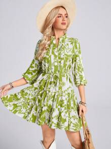 Wildy Tiered Button Down Dress With Waist Tie In Green,Bohemian,Western Wear Women - Green - View 1