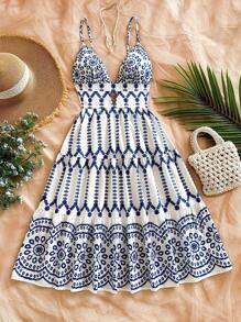 Soleia Tropical Floral Print Hollow V-Neck A-Line Backless Midi Dress For Women, Suitable For Holiday, Date, Valentine's Day Afternoon Tea, Vacation, Music Festival, Bohemian Style - Blue and White - View 6