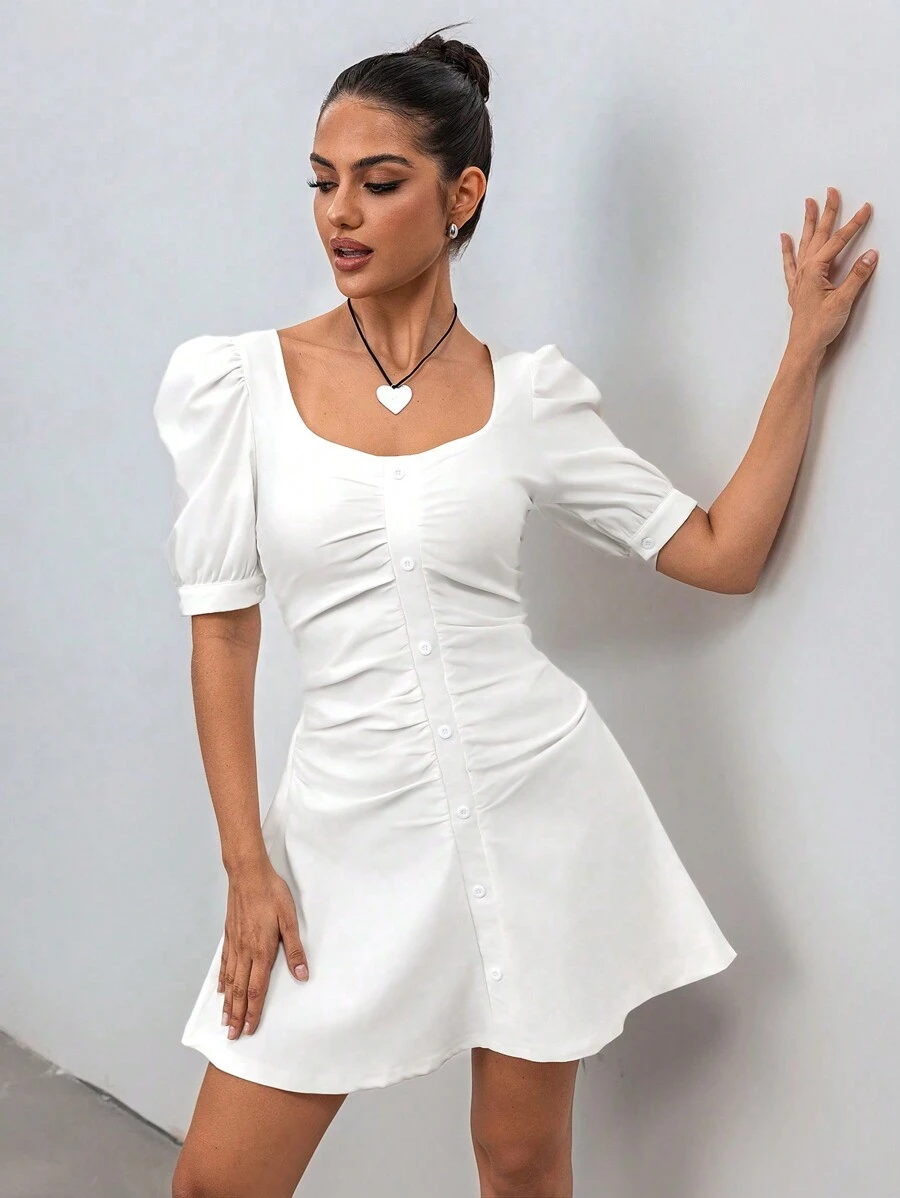 SHEIN Unity Young Elegant Solid Color Puff Sleeve Button Decor Dress - White - View 1