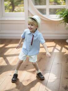 SHEIN Young Boy Casual French Gentleman Style Short Sleeve Shirt, Spring & Summer