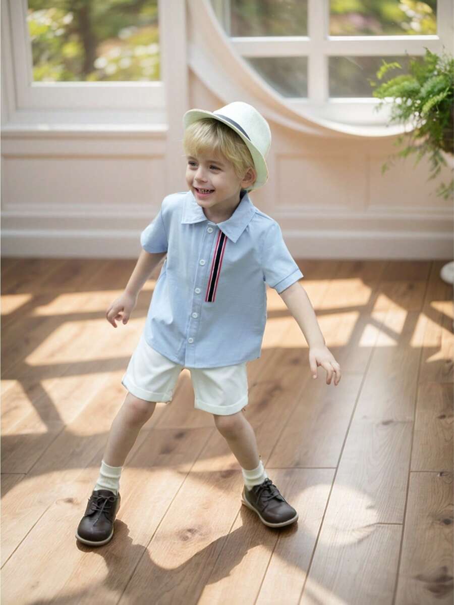 SHEIN Young Boy Casual French Gentleman Style Short Sleeve Shirt, Spring & Summer