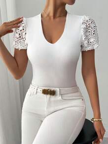 Chiquease Women Crochet Crew Neck Embroidered White T-Shirt, French Design Sense With Deep V Neck Embroidery