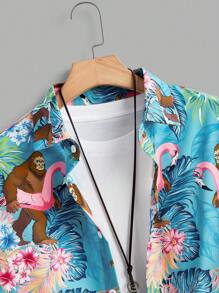 Manfinity RSRT Men Holiday Tropical Plant Print Short Sleeve Shirt And Shorts Set Men Tropical Set Men 2 Pieces Set Tropical Men Tropical Outfits Men Tropical Outfits Summer Men Clothes - Multicolor - View 3