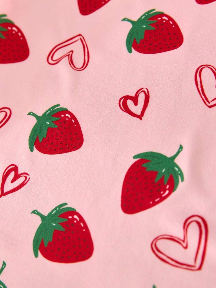SHEIN 2pcs/Set Knit Strawberry Print Round Neck Short Sleeve Tee And Knit Print Legging Pajama Set For Young Girls - Pink - View 4