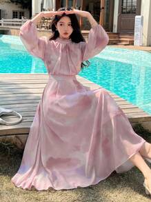 DAZY 女士扎染印花立领灯笼袖褶裥优雅中长连衣裙，秋季长袖印花连衣裙 - 紫色 - 查看 7