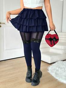 SHEIN EZwear Quần áo Valentine cỡ lớn cho nữ, Quần legging viền ren lưới đen, Quần áo xuân hè - Màu xanh hải quân - Xem 1