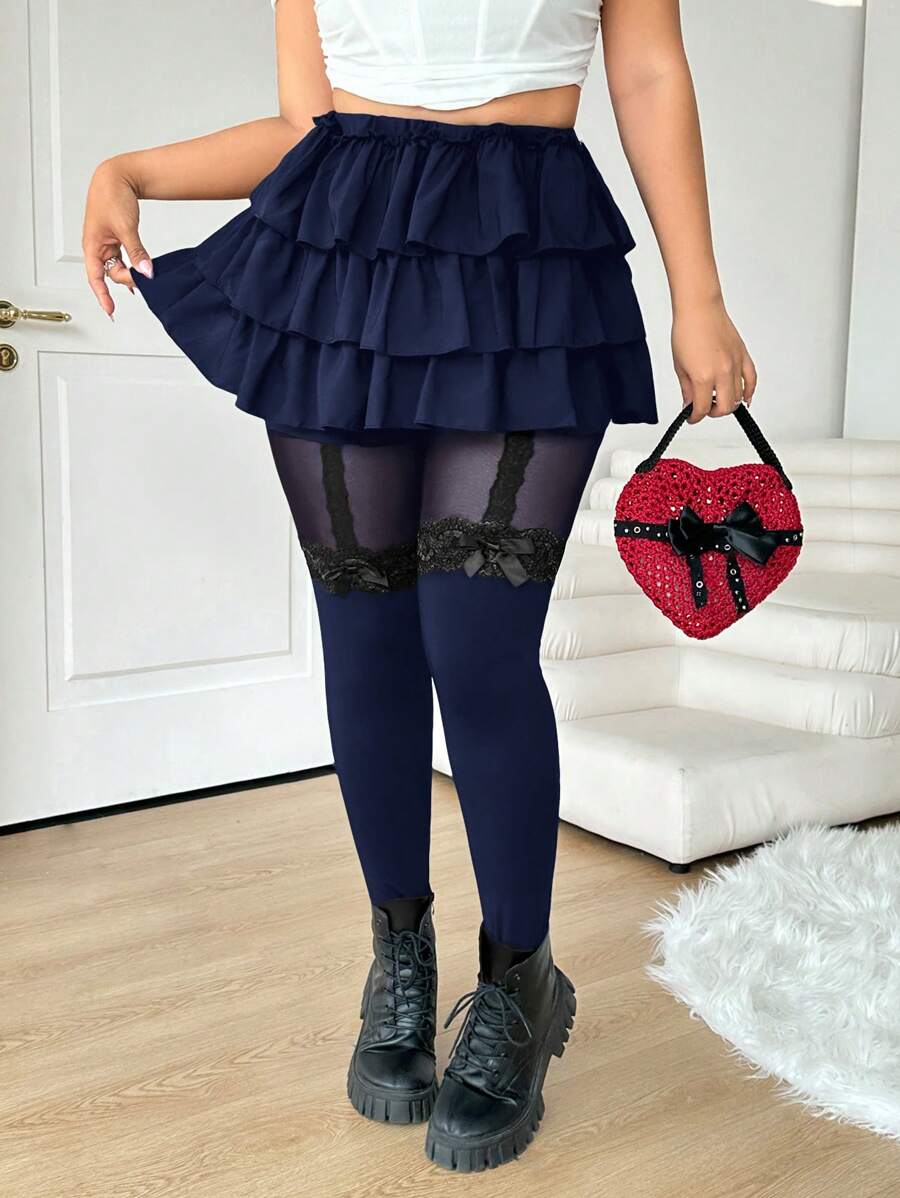 SHEIN EZwear Quần áo Valentine cỡ lớn cho nữ, Quần legging viền ren lưới đen, Quần áo xuân hè - Màu xanh hải quân - Xem 1