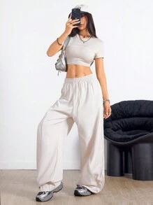 Coolane Set de 2 piezas Camiseta casual de verano y pantalón de pierna ancha para mujer