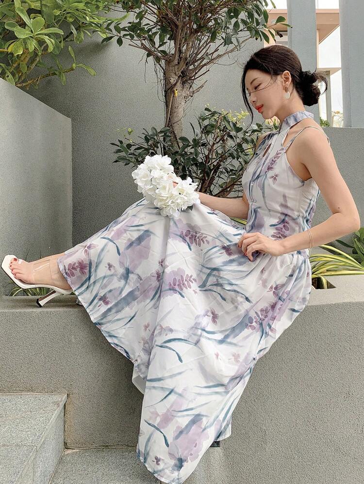 Women's Floral Print Halter Mid-Length Vacation Dress, Spring/Summer Sundress Maxi Dress Boho