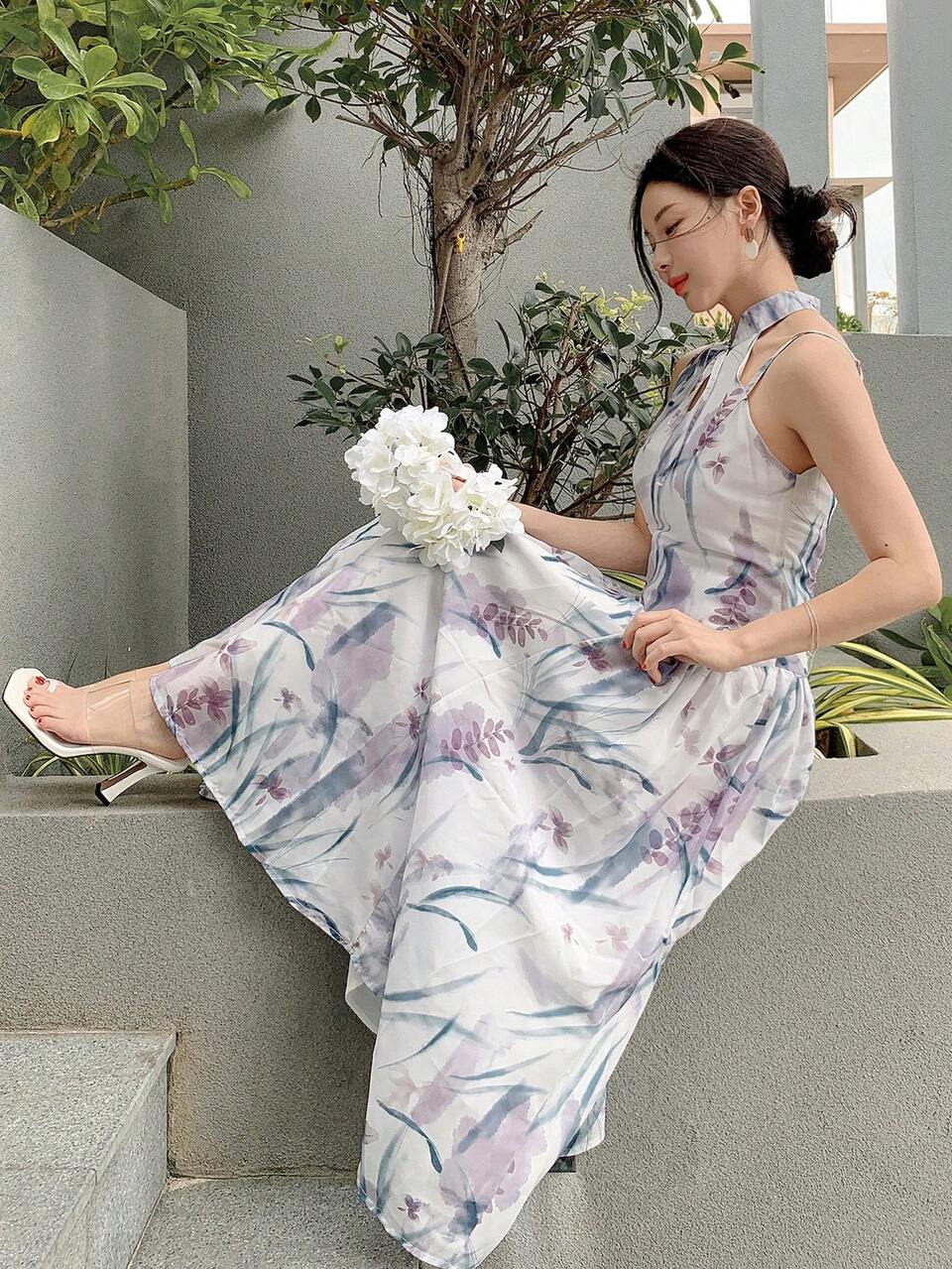 Women's Floral Print Halter Mid-Length Vacation Dress, Spring/Summer Sundress Maxi Dress Boho