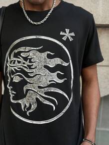 PAVTROS Men's Graphic Print Short Sleeve T-Shirt And Shorts Set, Making It An Excellent Gift Idea For Boyfriends Or Husbands. Men Clothes Men T Shirt Co Ords Graphic Tees For Men,Men's Young Street Style, INS Versatile Best-Selling  T-Shirt Set , The Personalized Patterns On The Chest And Shorts Are Full Of Fashion Sense. The Overall Style Is Avant-Garde And Bold, Showing A Unique Street Fashion Atmosphere, Suitable For Outdoor Sports And Leisure Occasions. - Black - View 6