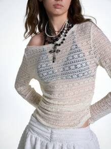 SHEIN EZwear Áo thun dệt kim Jacquard co giãn Y2K hở vai dễ thương cho nữ mùa xuân/hè màu trắng dành cho lễ hội âm nhạc - trắng - Xem 4