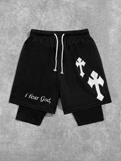 SHEIN 1 st tonåring pojkar korstryckt slogan dragsko i midjan dubbellager mångsidiga Casual shorts grafiska mesh shorts, för make, pojkvän Presenter våren slitage; Pojkkläder för tonåringar; Tonårspojkejackor, våren tillbaka till skolan