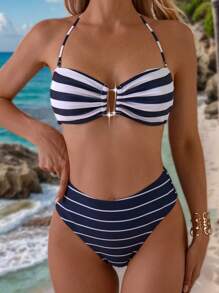 Summer Striped Print Top With Metal Decoration & Striped Briefs