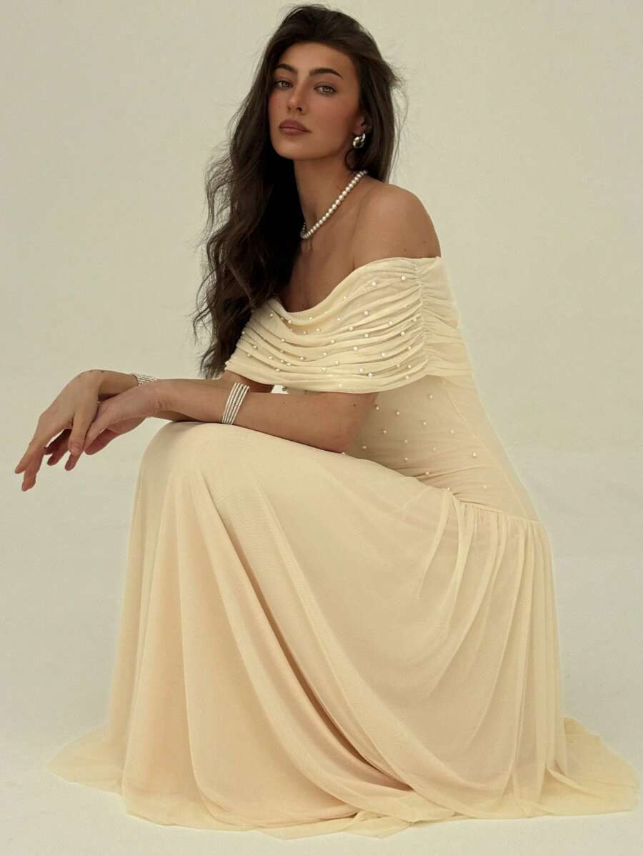 Aloruh Váy trễ vai nhún bèo họa tiết ngọc trai giả màu trơn cho nữ - trắng - Xem 1