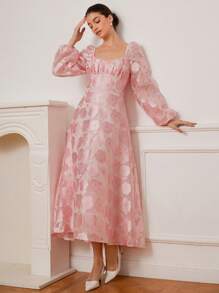 Aveloria Rosie Elegant Rose Jacquard Floral Long Sleeve Ruched Waist Dress With Sheer Details, Romantic Wedding Season, Pink & White Fall Cloth For Women