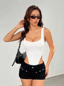 SHEIN PETITE 女士黑色针织紧身衣 简约时尚日常休闲 - 白色 - 查看 4