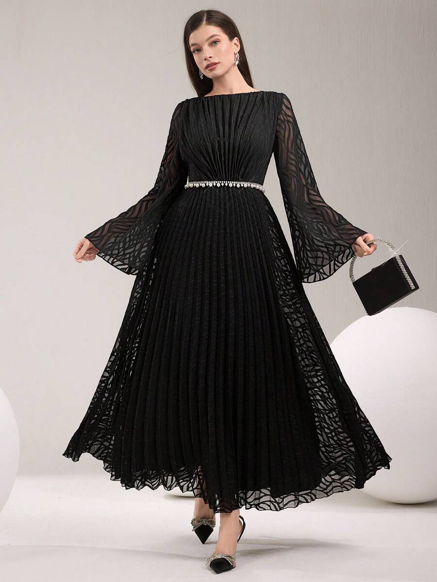 Modelyn Đầm dài tay loe viền bèo nhún thanh lịch cho nữ - màu đen - Xem 1