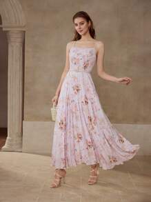 MOTF PREMIUM FLORAL PRINT PLEATED CAMI DRESS - Pink - View 7